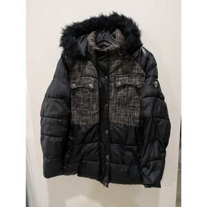 Coogi Bomber Faux Fur Leather Jacket Y2k Women's‎ 1X Black Button Up Hooded Puff